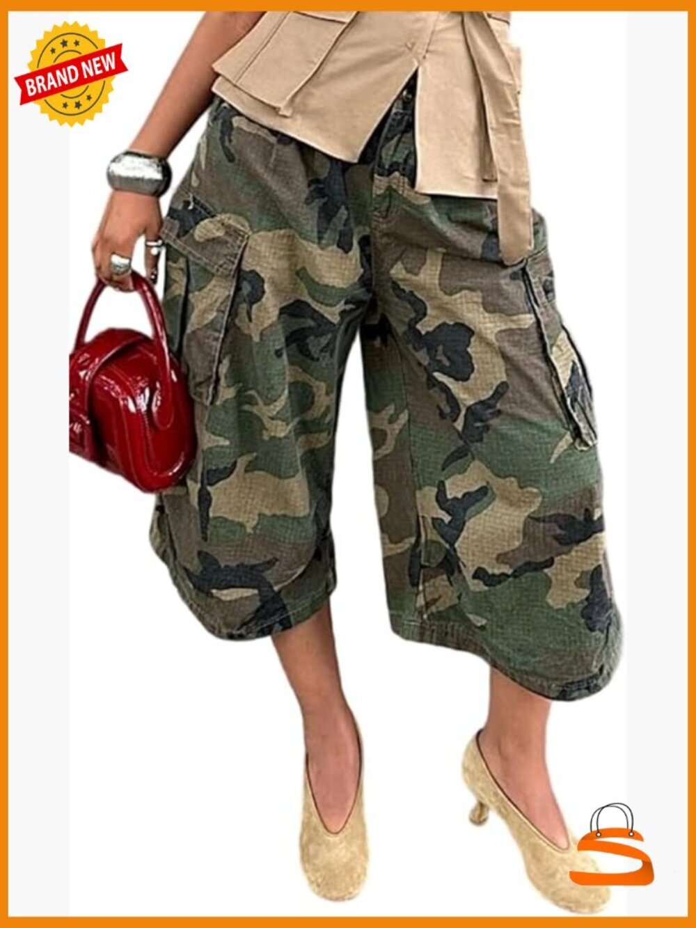 Baggy Wide Leg High Waist Camo Cargo Jeans Capris Army Fatigue Pants